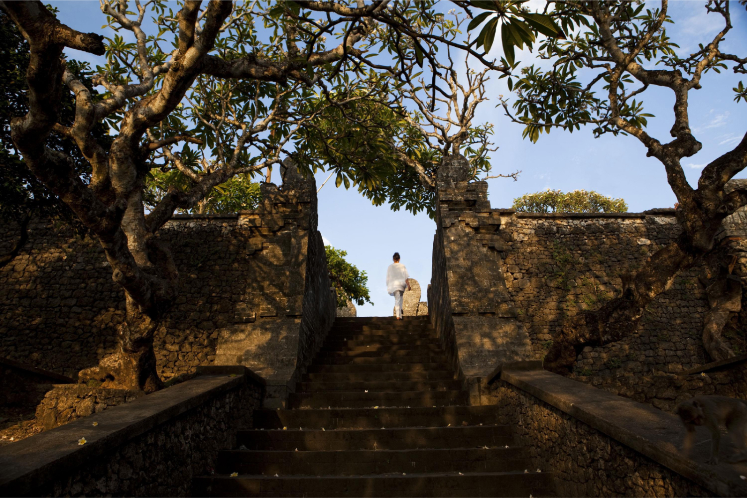 person going up the stairs in resort exteriors