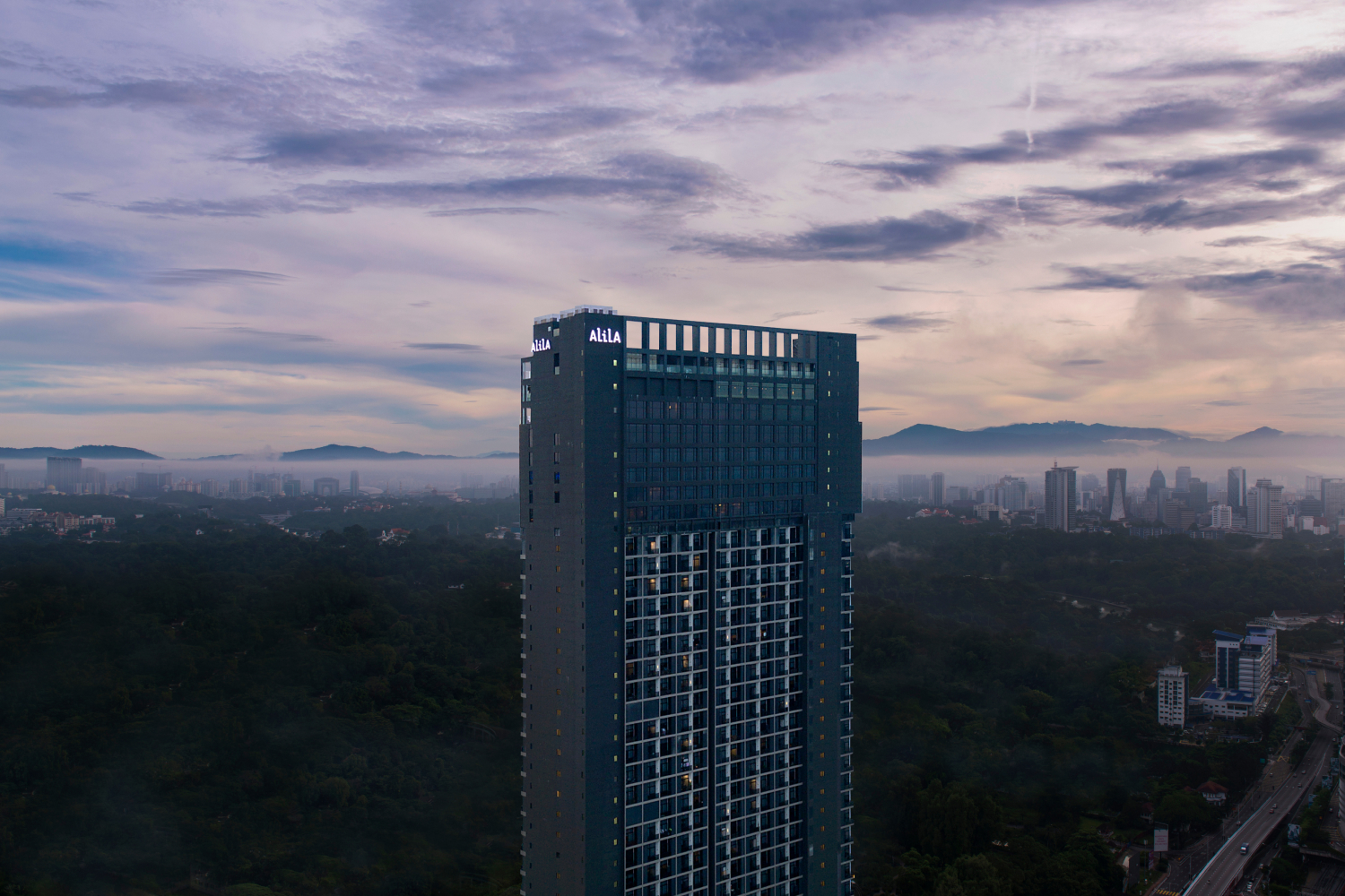 hotel exterior at sundown