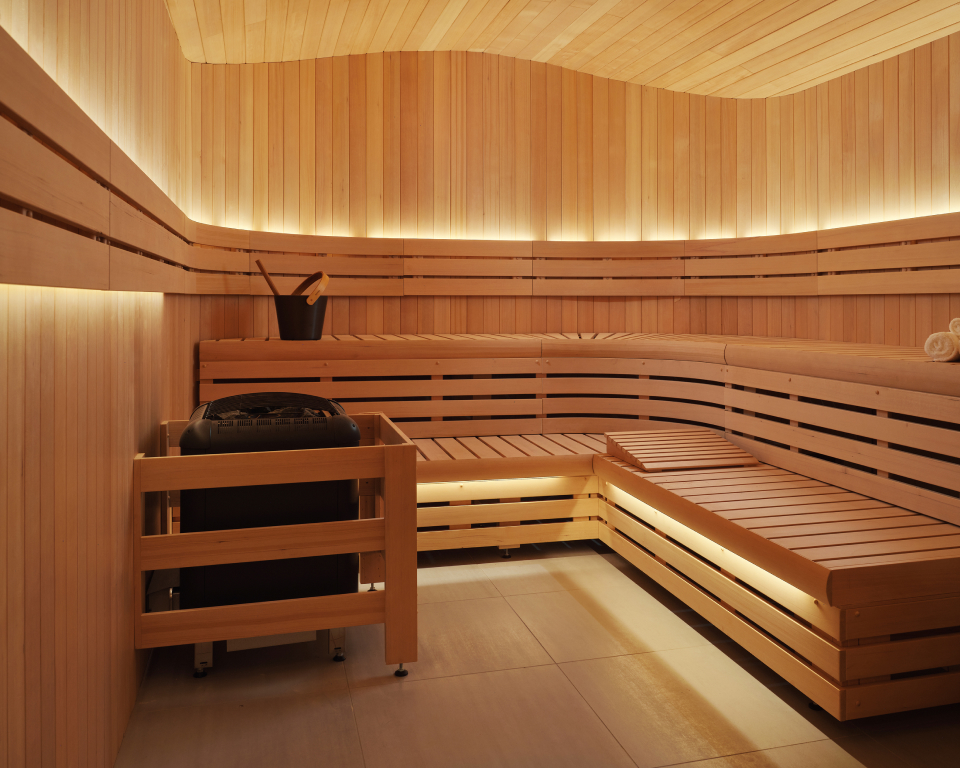 sauna room with moody lighting