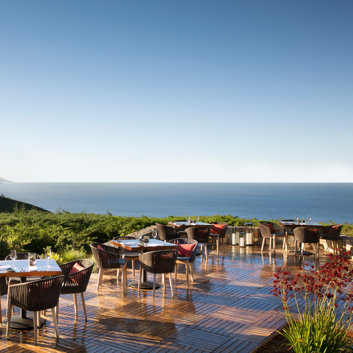 tables at restaurant with ocean view