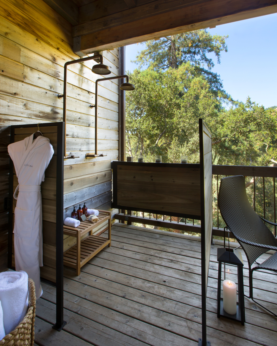 outdoor shower with forest views