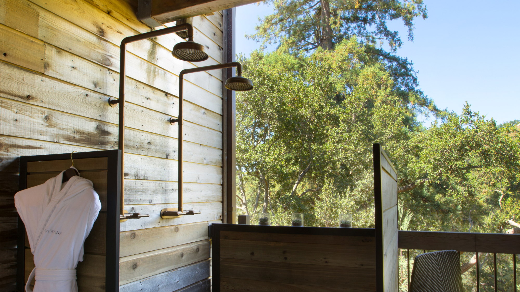 outdoor shower with forest views