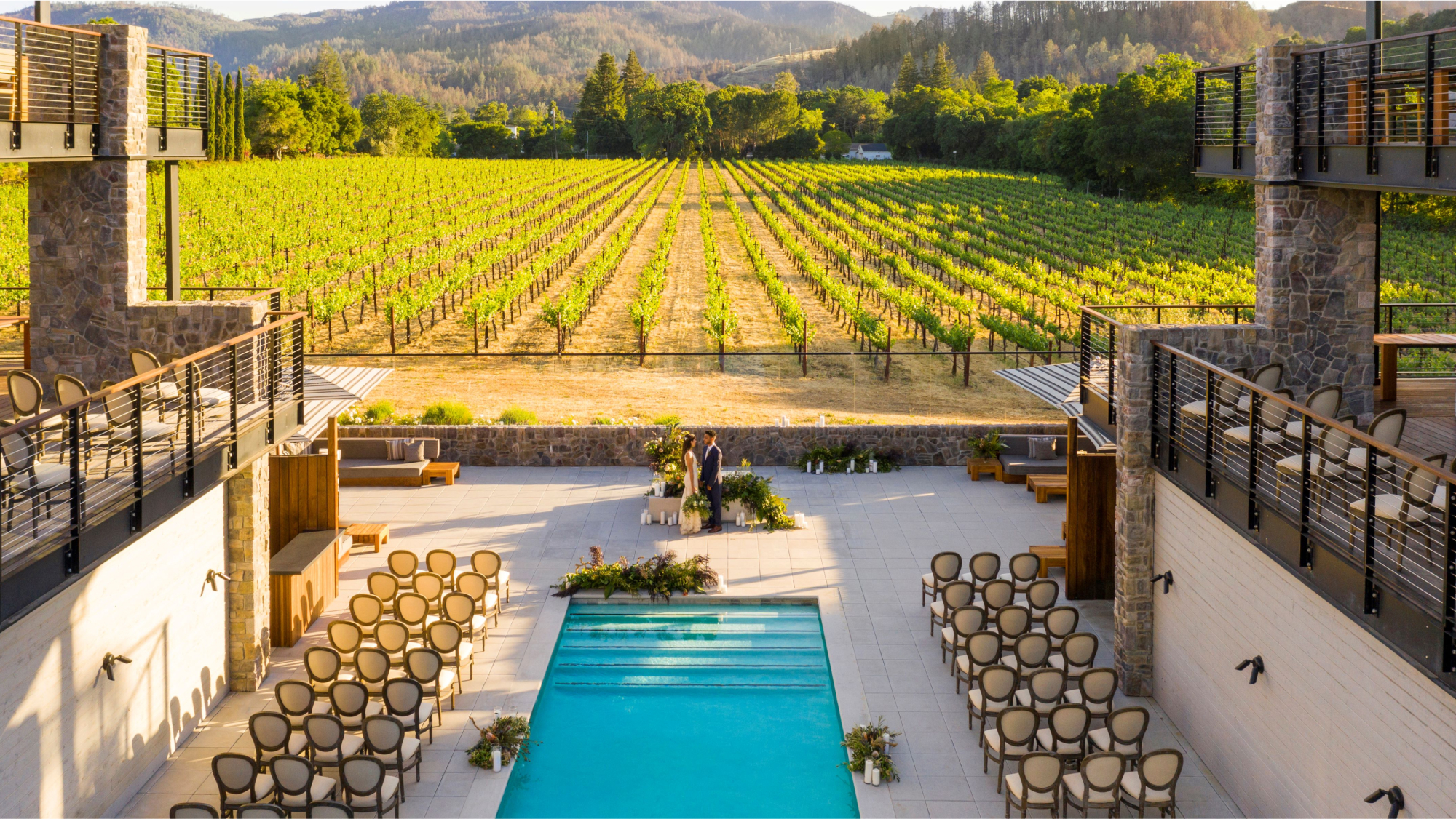 event set up by the pool with vineyard views