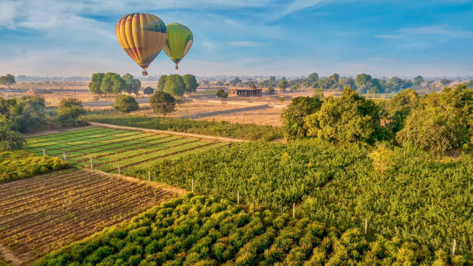 two hot air balloons over fields