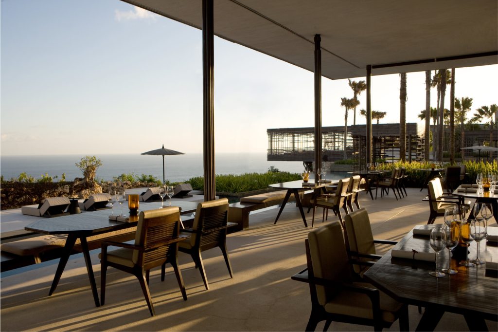 Restaurant tables outside overlooking the ocean