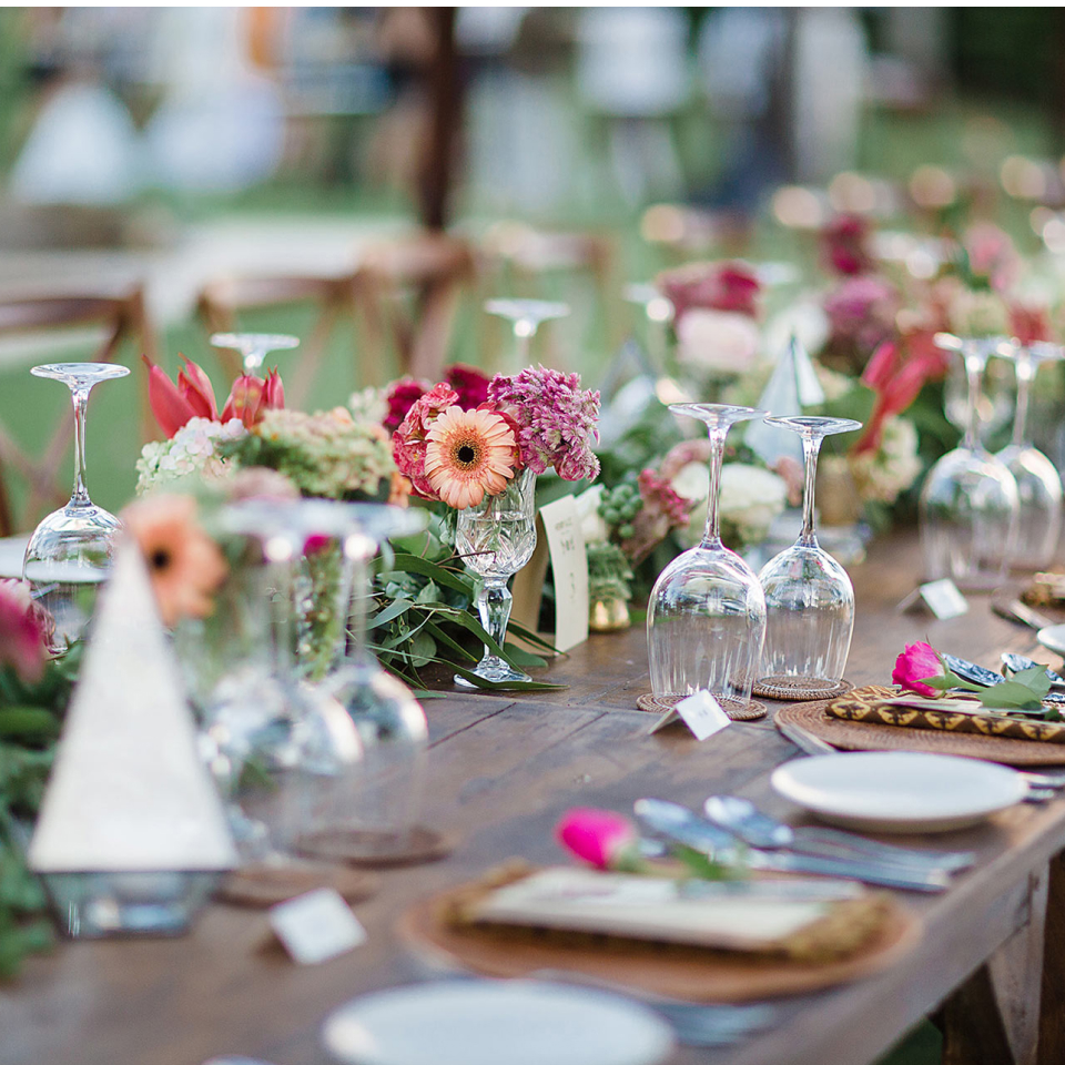 A set long table with flowers