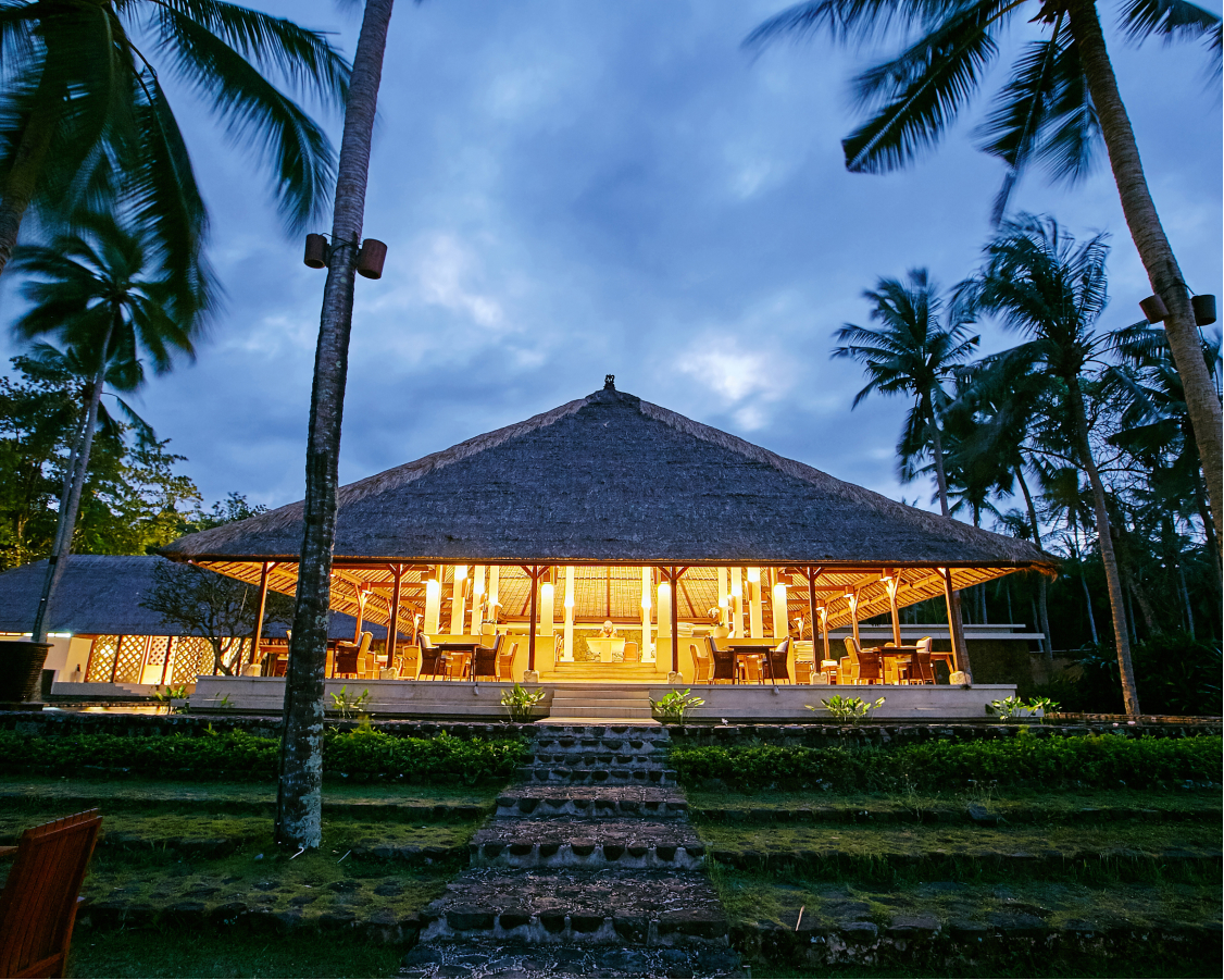 A beautifully lit building with a straw roof surrounded by grass and palm trees