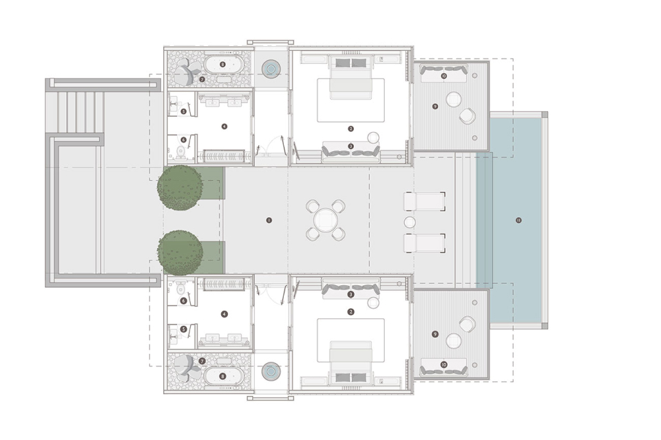 floor plan of the two bed pool villa