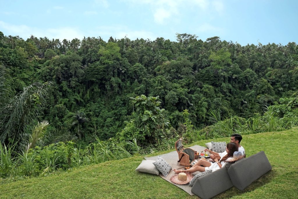 couple laying on a hill having a picnic looking into the jungle