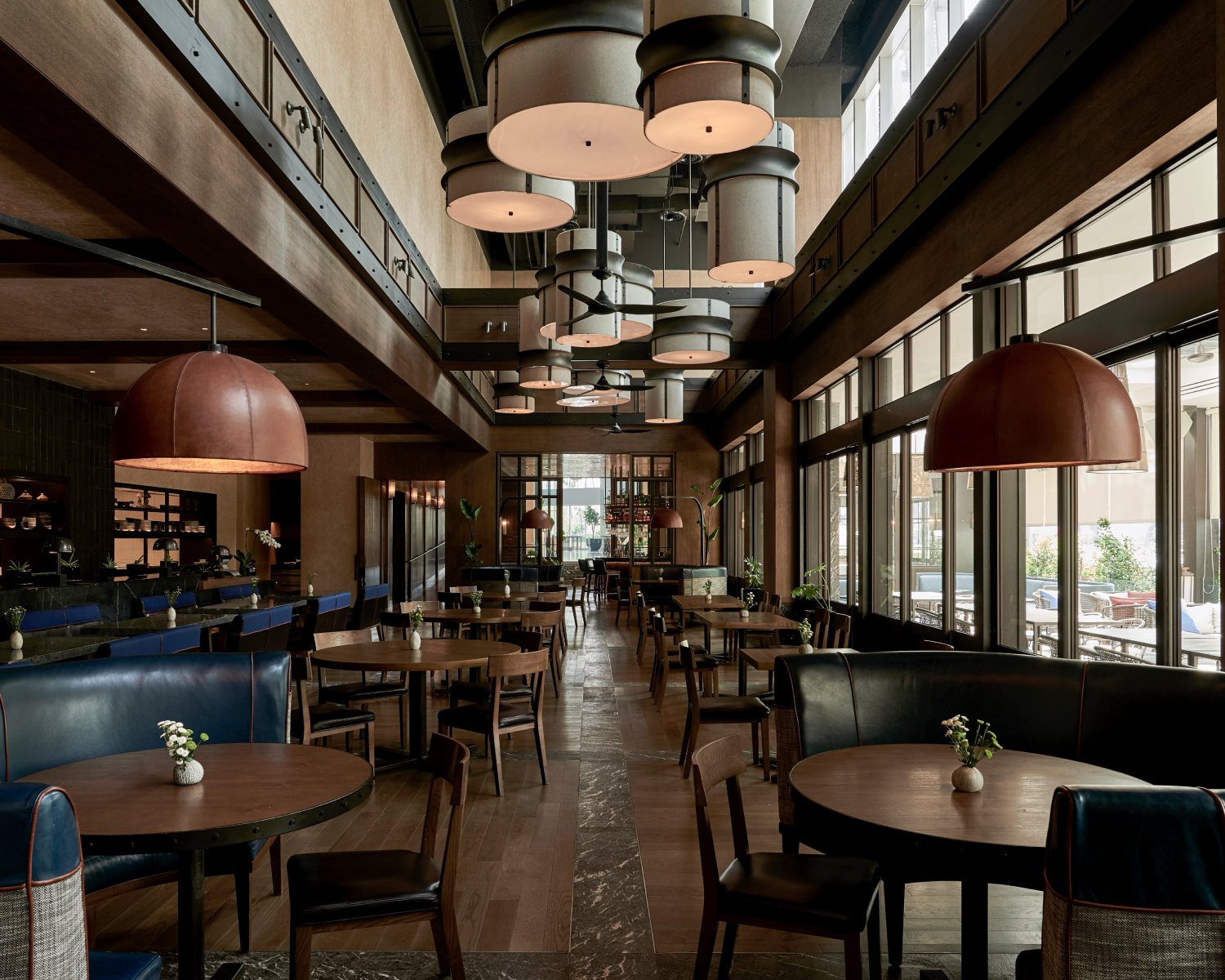 round wooden tables in restaurant