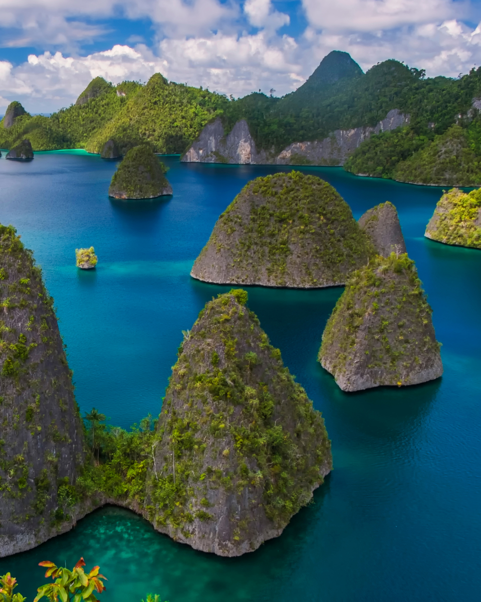 Tall, lush green islands surrounded by pristine water