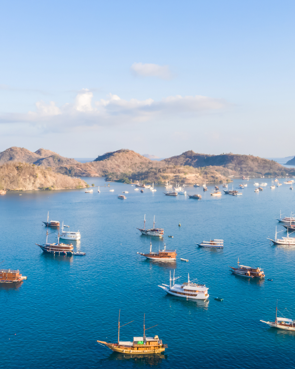 Boats anchored in turquoise waters with greenery in the background
