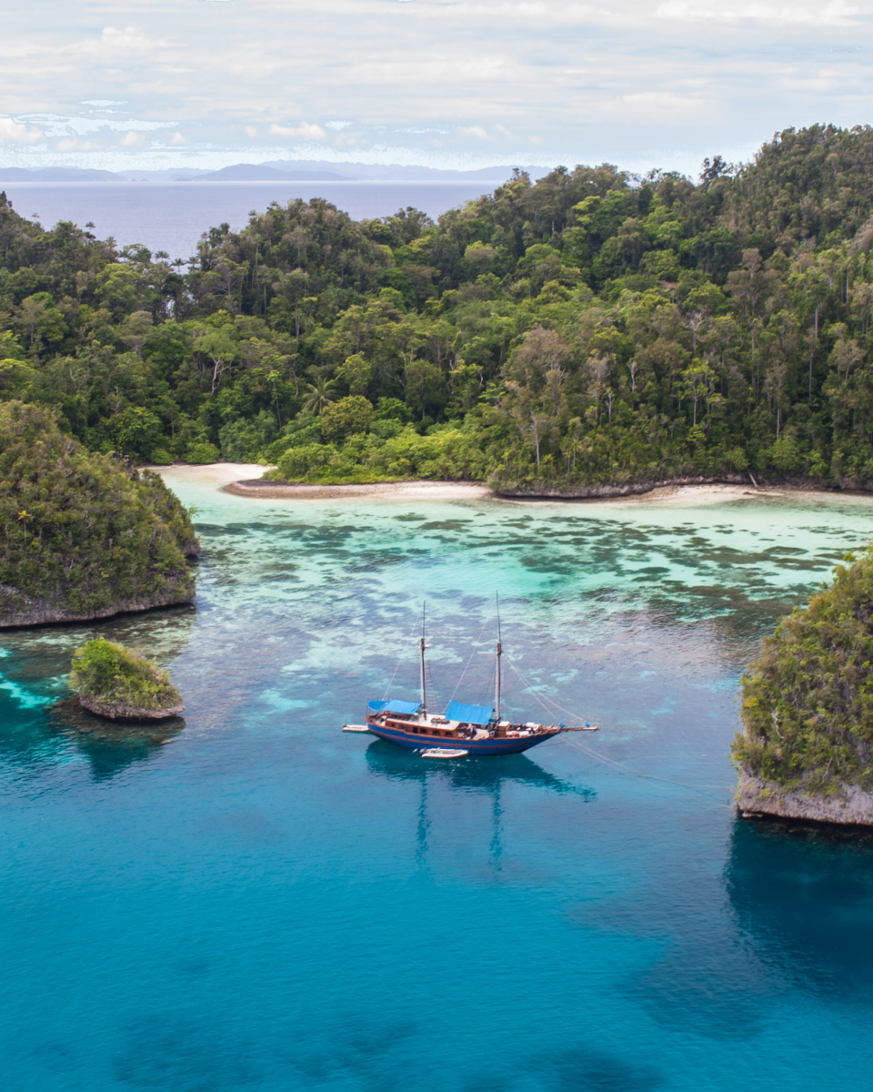 Alila Purnama anchored near a shore with tropical forest