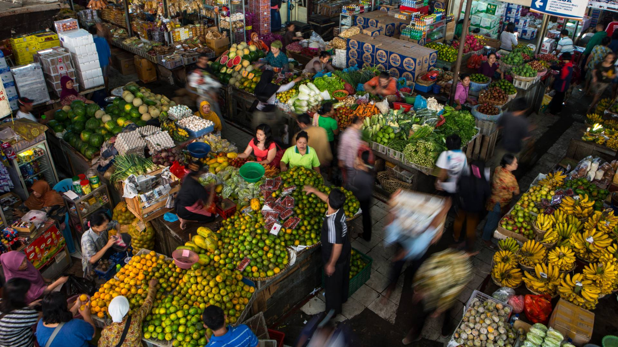 aerial view of morning market with fresh produce