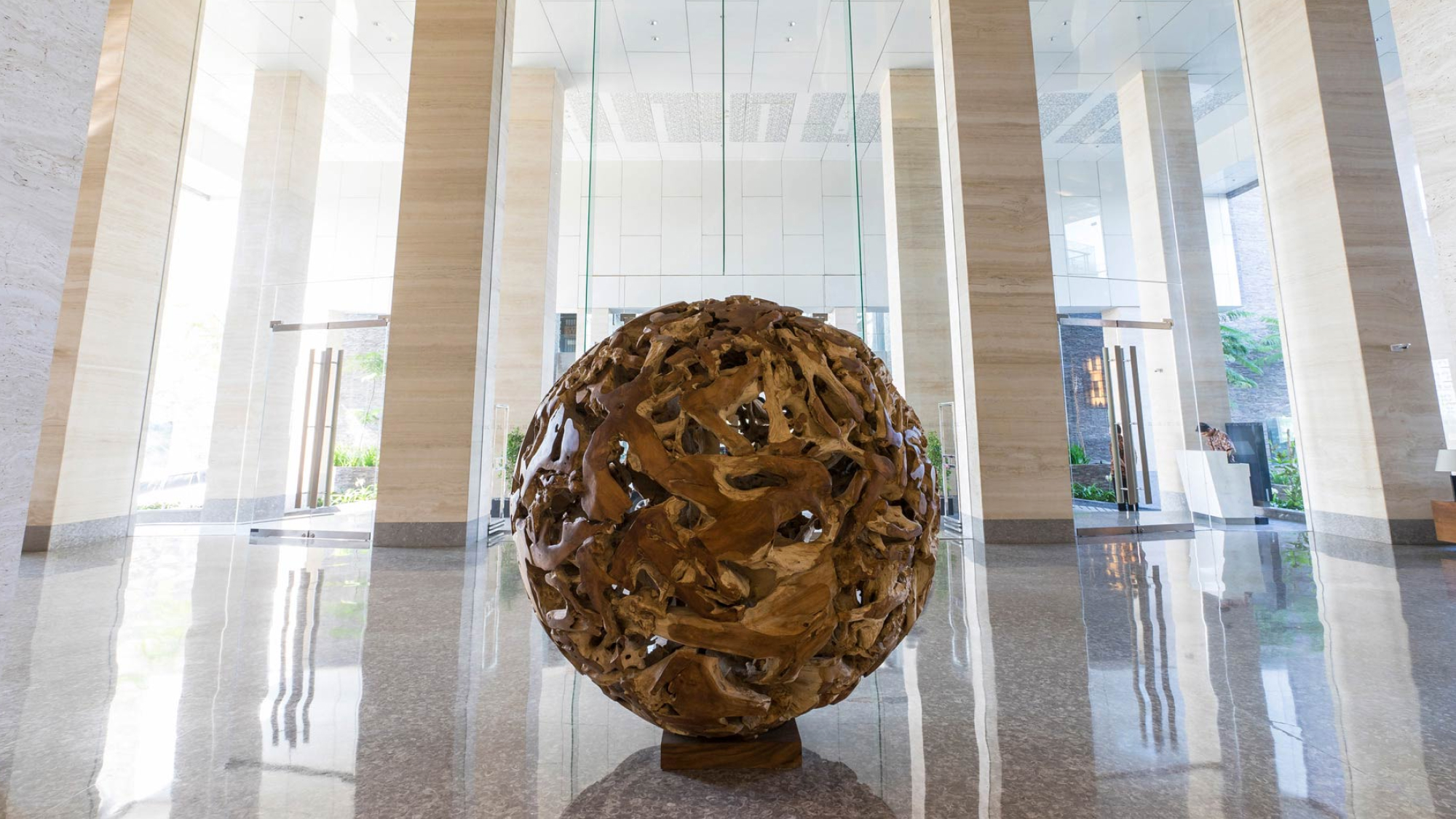 Spherical artwork in lobby.